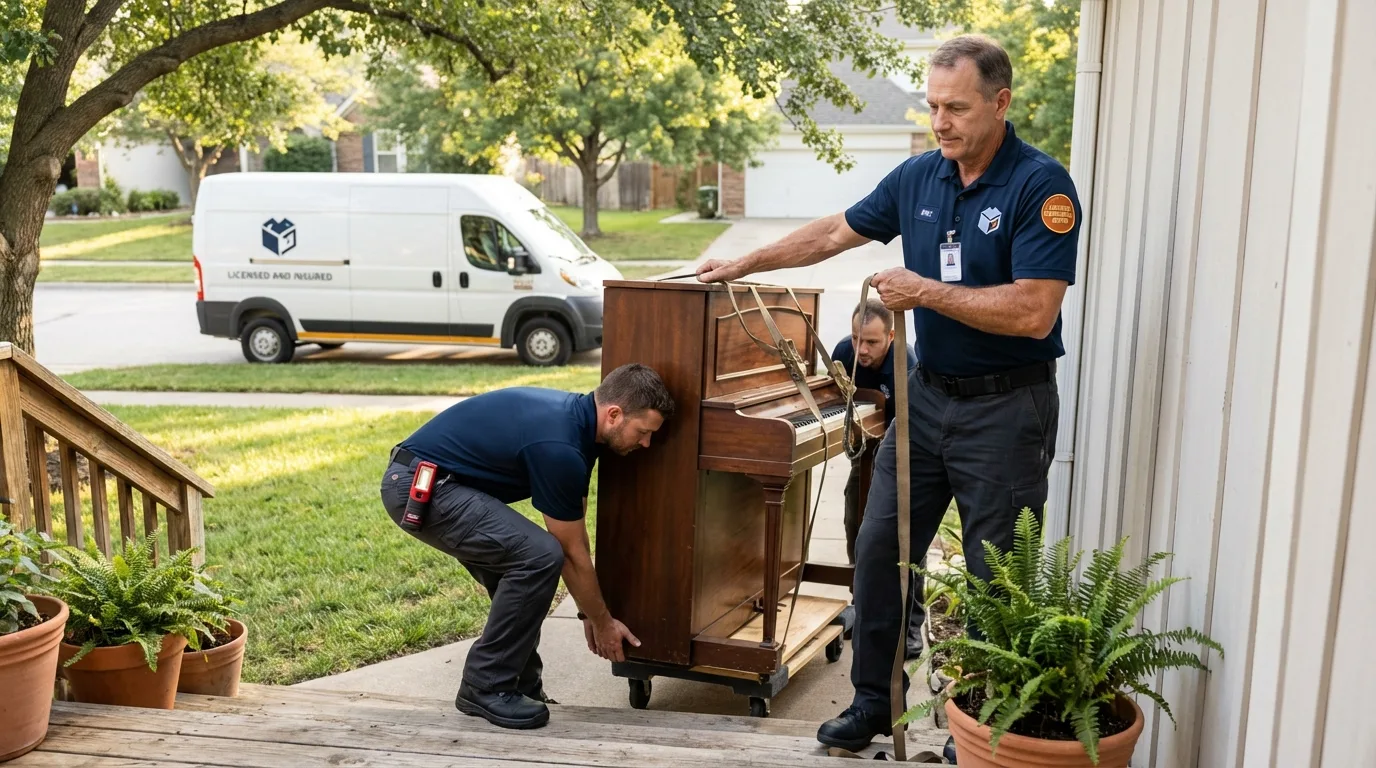 Licensed piano movers securing grand piano in Clearfield, PA